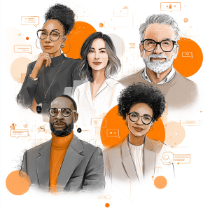 AI Feedback Loop of Diverse professionals—coach, designer, and team lead—collaborating with AI tools, symbolizing human roles in the AI feedback loop.