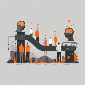 Illustration of an AI feedback loop showing a conveyor belt feeding questions into an AI brain and answers coming out, with passive humans on the sides observing the automation cycle.