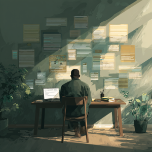 AI Feedback Loop of a diverse professional journaling at a desk while an AI screen glows behind, representing reflective, intentional AI use.