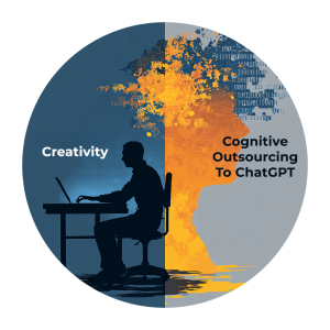 ChatGPT & your brain, visual metaphor of creativity versus outsourcing, showing a professional’s shadow splitting between vibrant ideas and fading code.