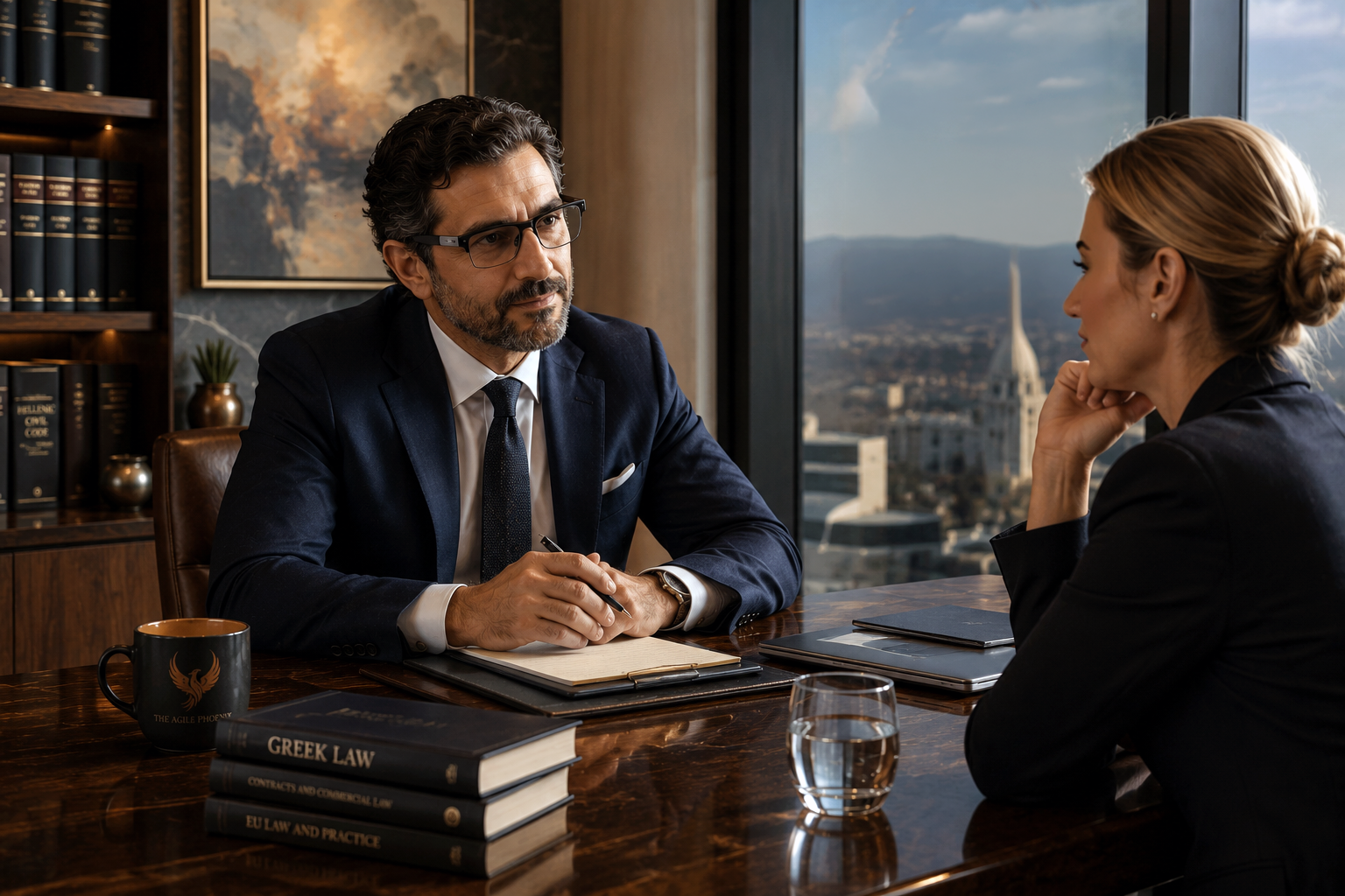 Attorney wearing AI-powered smart glasses during a private client meeting, illustrating AI governance for law firms and client trust.